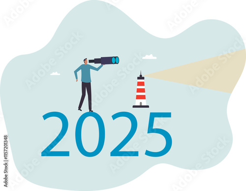 New year 2025 business outlook, planning or strategy to success, vision or forecast, year begin anticipation, improvement or progress .business concept.flat character.