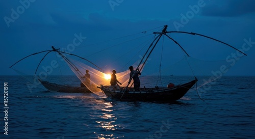 Fishermen at Dusk Pulling in Nets from Boats