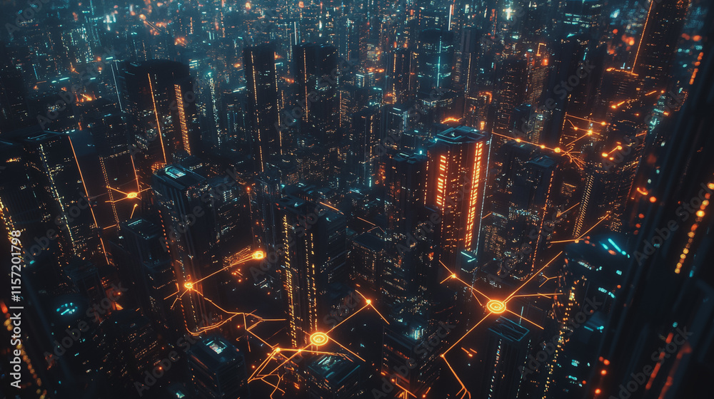 Smart digital Innovation city with connection network reciprocity over the cityscape. of future smart wireless digital city and social media networking systems that connects people with in city Smart digital Innovation city with connection network reciprocity over the cityscape. of future smart wireless digital city and social media networking systems that connects people with in city