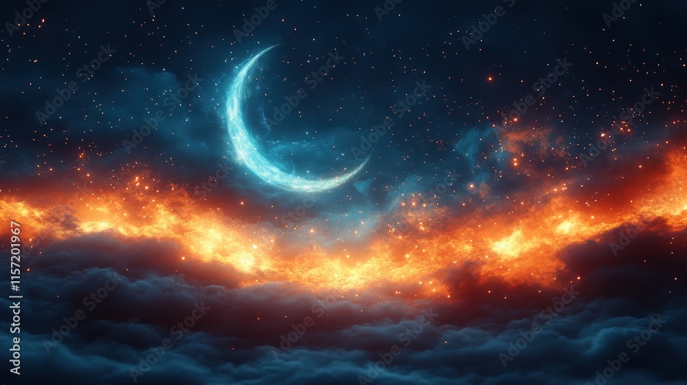 Crescent moon glowing above fiery clouds at night.