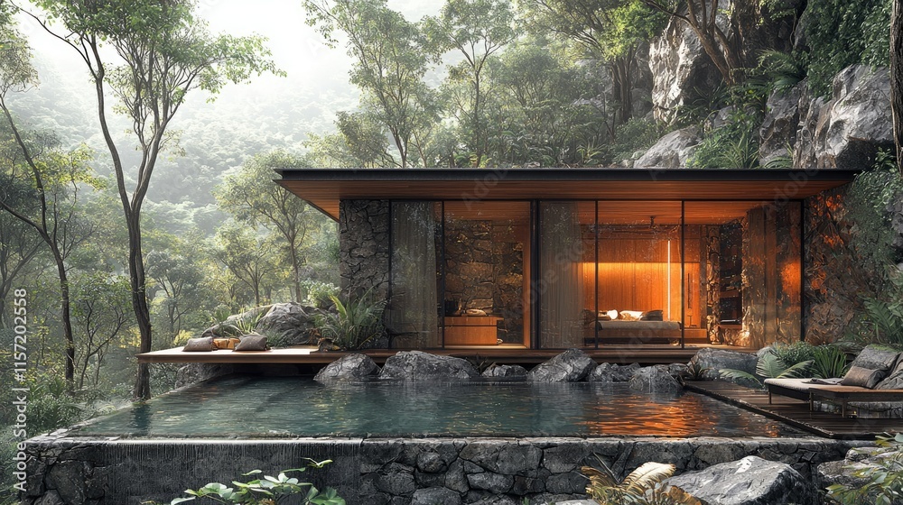 A modern cabin surrounded by lush greenery and a serene pool, ideal for relaxation. A modern cabin surrounded by lush greenery and a serene pool, ideal for relaxation.