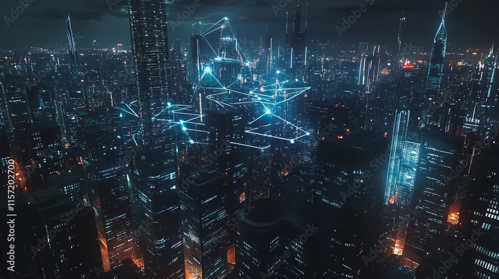 Fototapeta premium Smart digital Innovation city with connection network reciprocity over the cityscape. of future smart wireless digital city and social media networking systems that connects people with in city