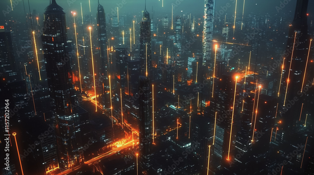 Obraz premium Smart digital Innovation city with connection network reciprocity over the cityscape. of future smart wireless digital city and social media networking systems that connects people with in city