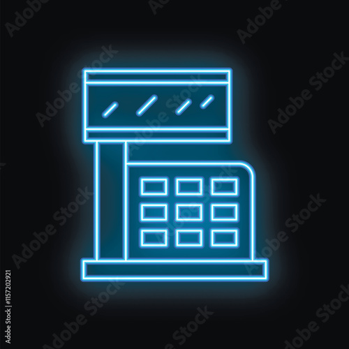 Blue neon sign of a cash register glowing on a dark background