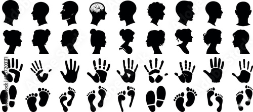 human head profile, handprint, and footprint silhouette vector set. Perfect cameo set head profiles, handprints, and footprints for anatomy, psychology, identity, biometrics and medical illustration