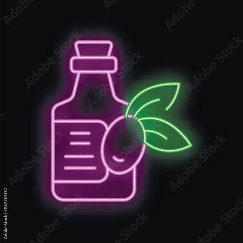 Neon sign of an olive oil bottle with olives and leaves glowing on a black background