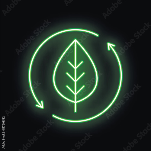 Green neon sign of a leaf with arrows going around it in a circular motion representing the cycle of nature