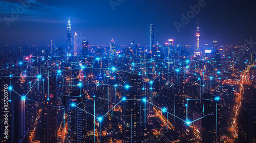 Wallpaper Mural Smart digital Innovation city with connection network reciprocity over the cityscape. of future smart wireless digital city and social media networking systems that connects people with in city Torontodigital.ca