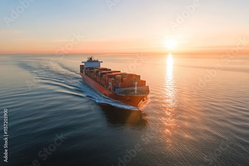 A container ship sails peacefully toward the horizon under the dawn light, highlighting the seamless connection between commerce and serene maritime environments.