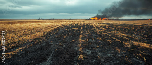 Cinematic view of a burnt field under a dramatic sky with lingering smoke and blackened stubble photo