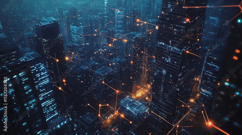 Fototapeta premium Smart digital Innovation city with connection network reciprocity over the cityscape. of future smart wireless digital city and social media networking systems that connects people with in city