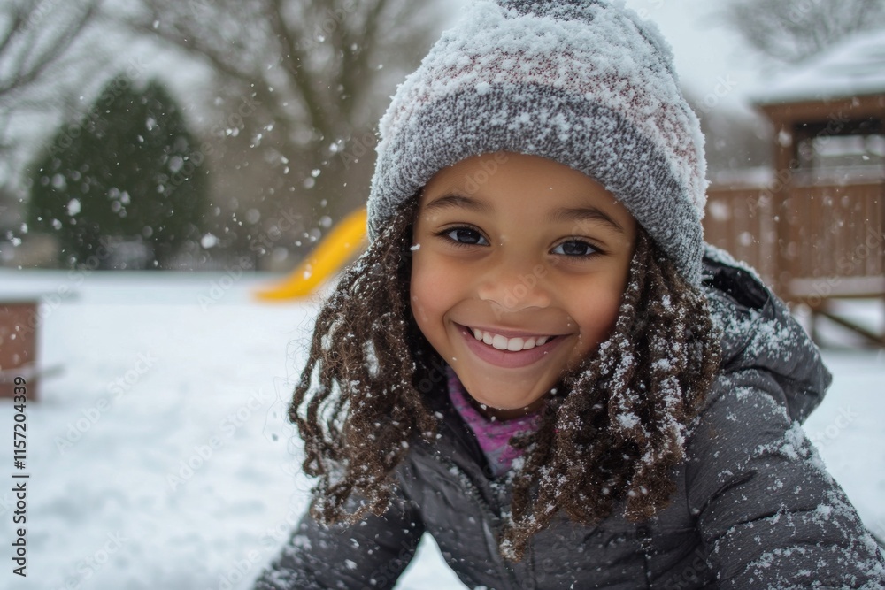 Young girl playing in fresh snow on a winter day wearing a red hat and coat Young girl playing in fresh snow on a winter day wearing a red hat and coat