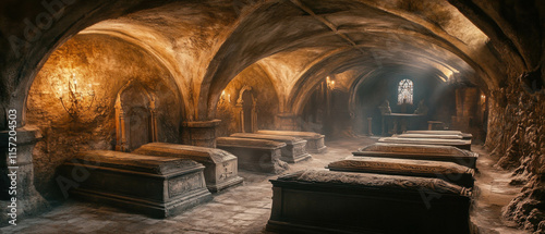 Cinematic view of ancient castle crypt featuring stone coffins and arching ceilings photo