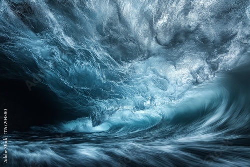 Dynamic and powerful ocean waves crashing within a cavern, captured in beautiful icy blue hues, evoking a sense of awe and nature's sheer force. photo