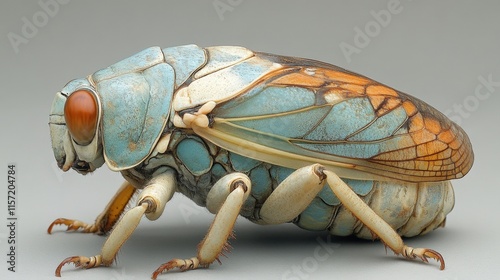 Close-up profile view of a vibrant, multicolored planthopper insect with intricate details. photo