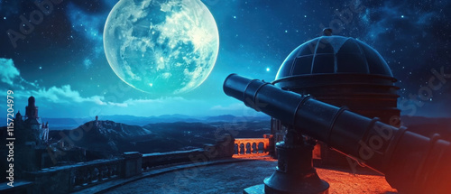 Cinematic view of a castle observatory with telescope under a bright moonlit sky