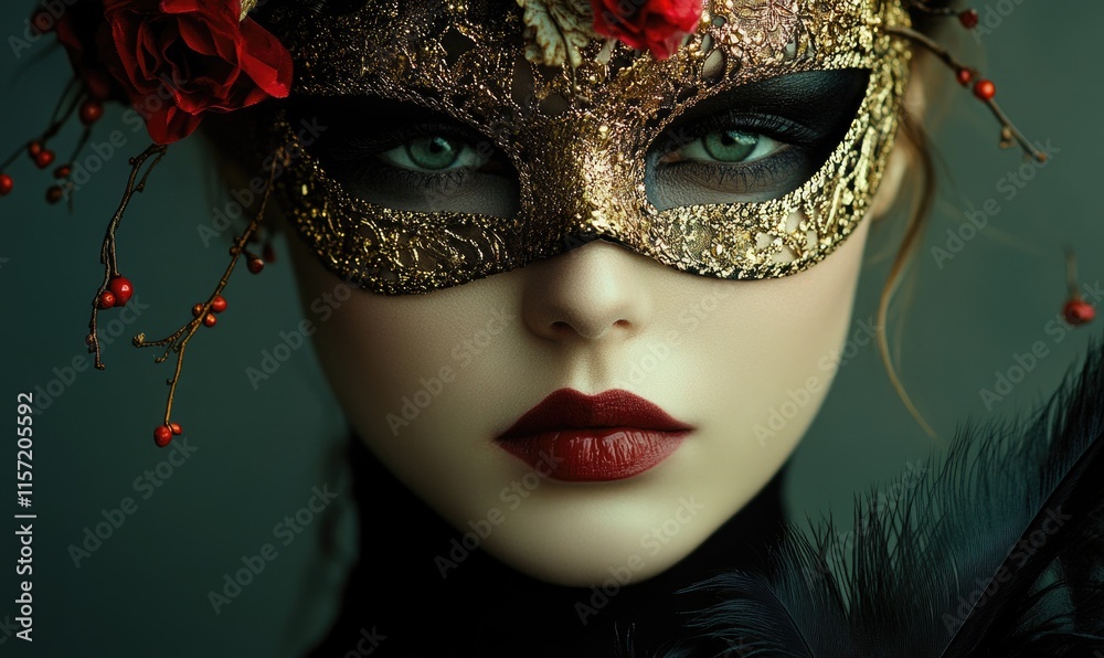 A woman wearing a gold mask with red flowers on it A woman wearing a gold mask with red flowers on it