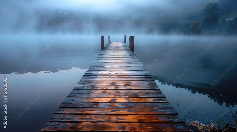 Fototapeta premium A wooden pier extending into a softly lit misty lake