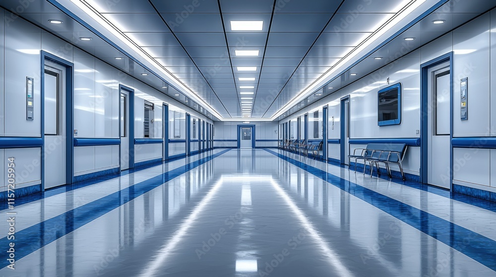 Fototapeta premium A modern hospital corridor with bright lighting and clean surfaces.