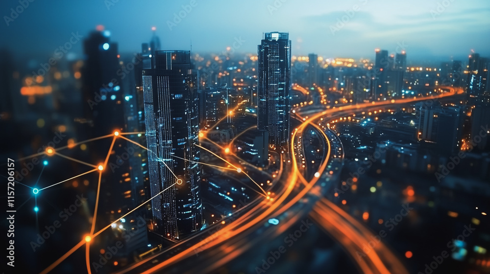 Fototapeta premium Smart digital Innovation city with connection network reciprocity over the cityscape. of future smart wireless digital city and social media networking systems that connects people with in city