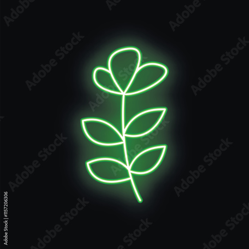 Green neon sign of a flower is glowing on a black background