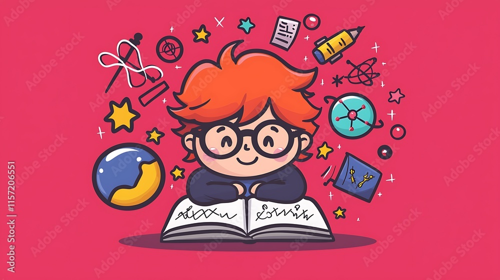 Cute cartoon boy studying science, surrounded by learning icons. Cute cartoon boy studying science, surrounded by learning icons.