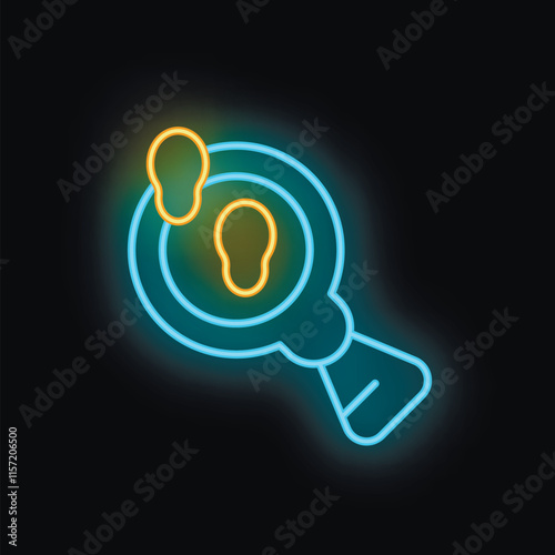 Blue neon icon of a magnifying glass focusing on yellow footprints on black background