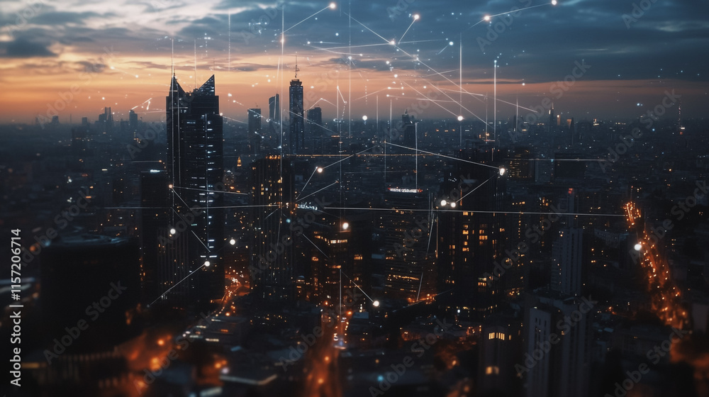 Fototapeta premium Smart digital Innovation city with connection network reciprocity over the cityscape. of future smart wireless digital city and social media networking systems that connects people with in city