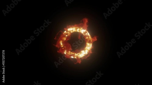 A circle of fire with smoke moves in turbulent motion. 3d animation