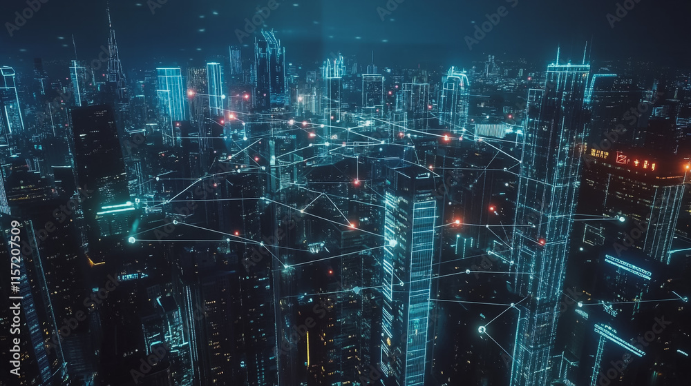 Fototapeta premium Smart digital Innovation city with connection network reciprocity over the cityscape. of future smart wireless digital city and social media networking systems that connects people with in city