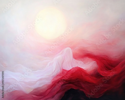 An ethereal moonlit scene depicting swirling hues of crimson and white, suggesting a warm embrace, but not visibly showing two lovers This art evokes a sense of love and passion, portraying intimacy photo