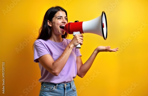 Young Indian woman loudly announces advertisement discounts sale using megaphone. Excited young woman shouts news, promotion. Happy female employee using loudspeaker. Studio shot against yellow photo