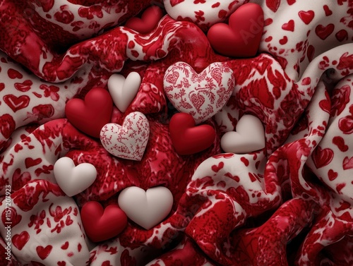 A cascade of love captured in this decorative scene, with a Valentine's card adorned with delicate patterns and heartfelt words, ideal for romantic or platonic gestures The image is filled with red