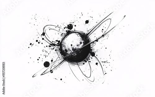 Abstract Black-and-White Artwork Featuring Atomic and Nuclear-Inspired Designs with Swirling Lines and Energetic Splashes photo