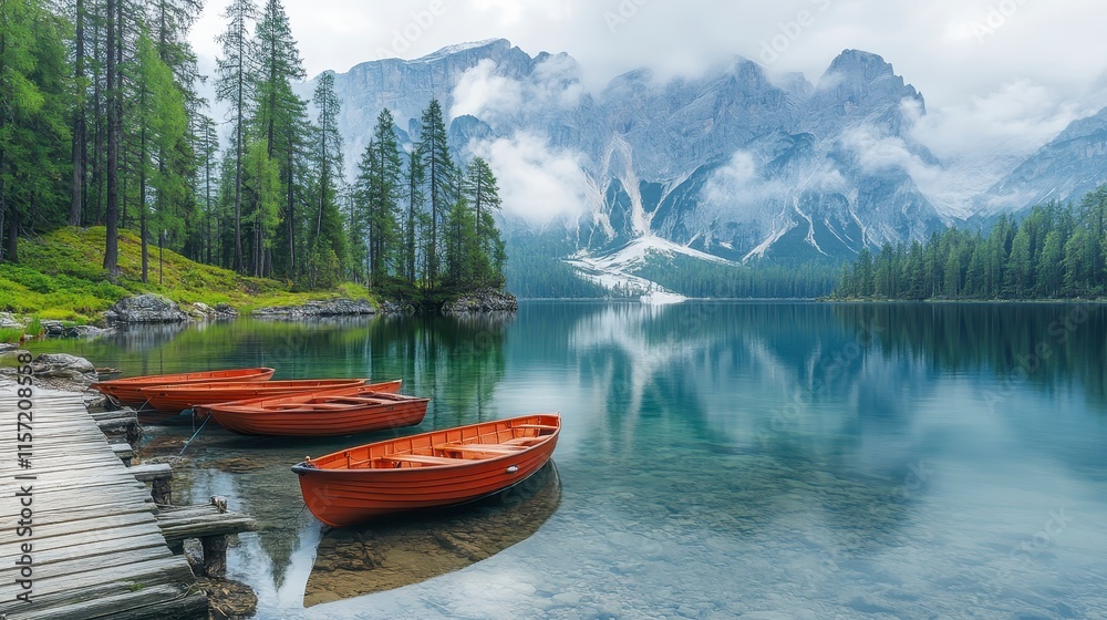 Calm lake with three orange boats near a wooden dock, surrounded by lush green trees and majestic misty mountains.