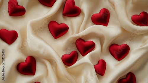 Red hearts on elegant cream fabric background for valentine's day love theme