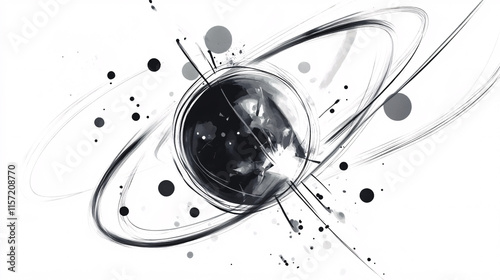 Abstract Black-and-White Artwork Featuring Atomic and Nuclear-Inspired Designs with Swirling Lines and Energetic Splashes photo