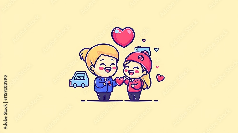Happy couple in love, holding hearts, with car and gifts. Happy couple in love, holding hearts, with car and gifts.