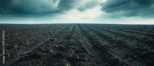 Cinematic view of a plowed field with dark soil under a moody sky