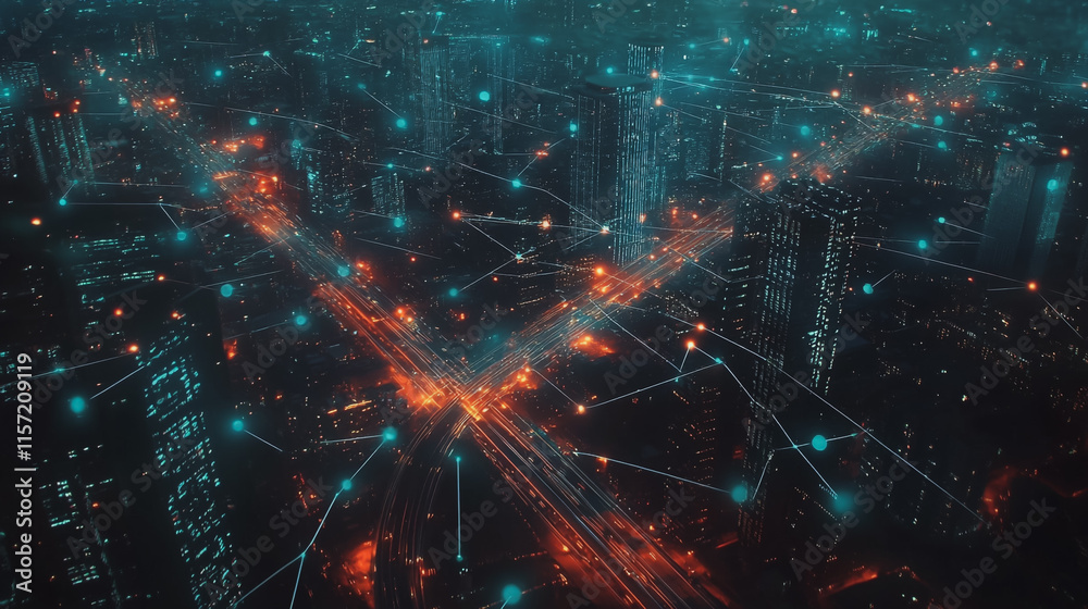 Obraz premium Smart digital Innovation city with connection network reciprocity over the cityscape. of future smart wireless digital city and social media networking systems that connects people with in city