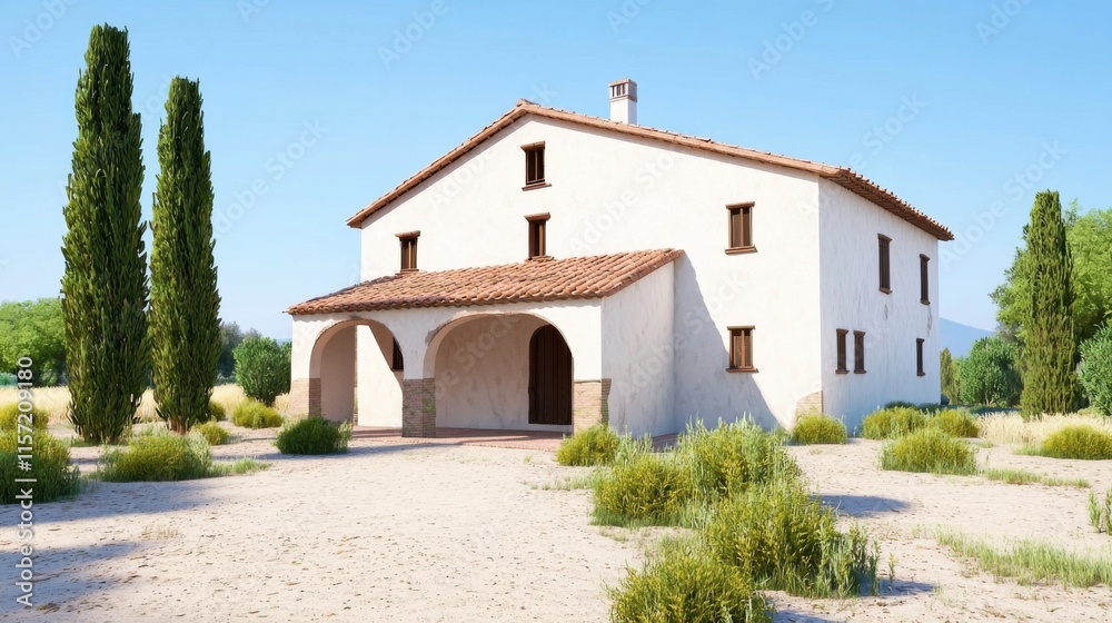 Beautiful Mediterranean style Villa with Cypress Trees and Serene Countryside Landscape