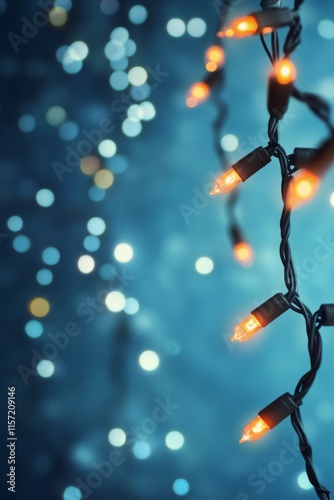 Colorful holiday lights glowing in a dreamy blue atmosphere at nighttime