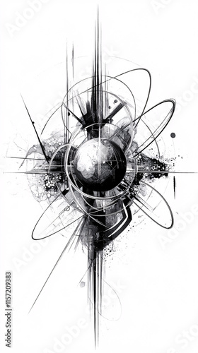 Abstract Black-and-White Artwork Featuring Atomic and Nuclear-Inspired Designs with Swirling Lines and Energetic Splashes photo