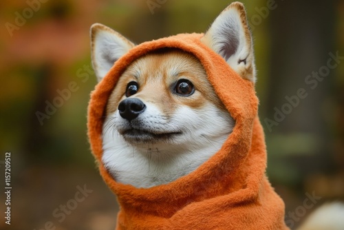 This charming dog, wearing a soft orange hood, sits in an enchanting autumn setting, surrounded by warm foliage, exuding warmth, cuteness, and snug comfort.