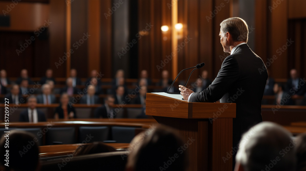 Fototapeta premium Speaker addresses an attentive audience at a formal gathering in a grand hall during a significant event