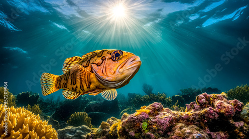 Fototapeta Naklejka Na Ścianę i Meble -  Coral grouper fish swimming over a vibrant coral reef in sunlight beams