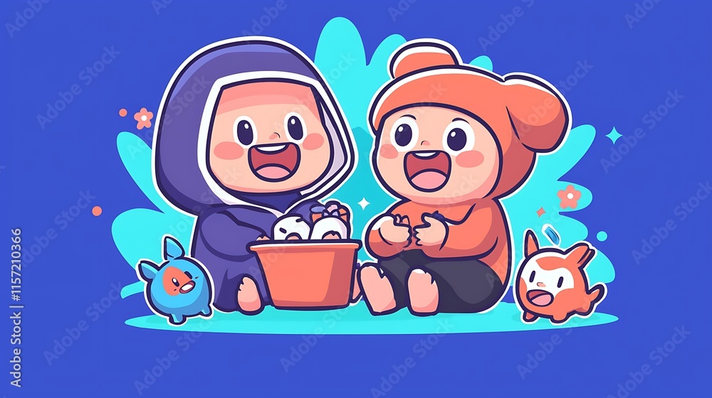 Naklejka premium Two cute cartoon babies playing with toys and pets.