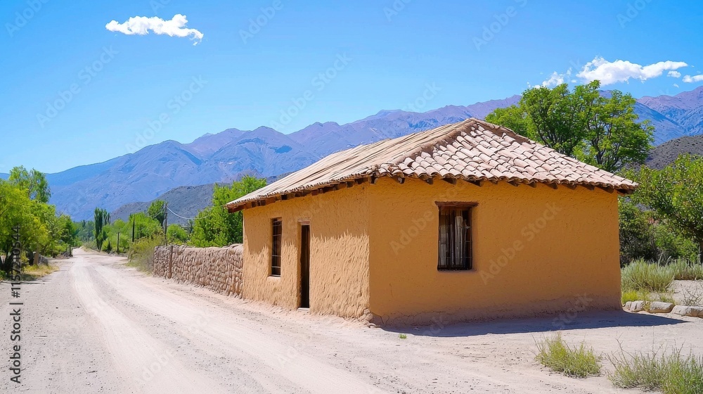 Rustic House Nestled in Picturesque Desert Landscape with Mountain Backdrop Rustic House Nestled in Picturesque Desert Landscape with Mountain Backdrop