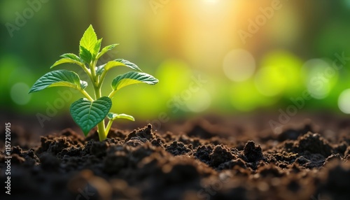 Closeup view of small stevia tree growing in fertile soil. Young plant sprouts in natural setting. Healthy growth of new life in spring. Nature scene focuses on plant development in earth. Fresh