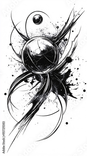 Abstract Black-and-White Artwork Featuring Atomic and Nuclear-Inspired Designs with Swirling Lines and Energetic Splashes photo